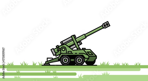 Green Military Artillery Cannon with Wheels and Elevated Barrel on Green Grass.
