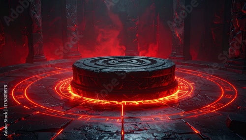Red glowing altar in an ancient temple