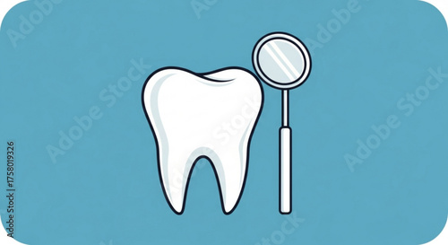 Illustration of a tooth with dental mirror isolated on a blue background