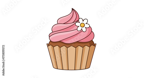 A delicious pink frosted cupcake with a white flower decoration.