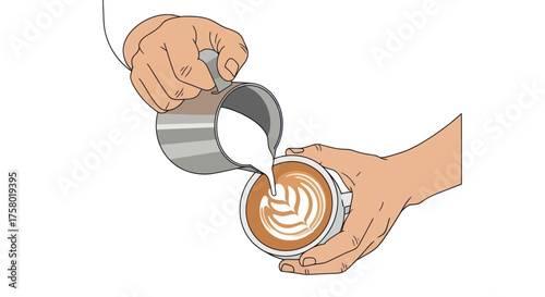 Barista Hands Pouring Steamed Milk into Coffee Cup for Latte Art.