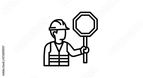 Construction Worker Holding a Stop Sign Outline Icon.