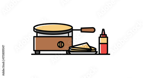 Crepe Maker with Cooked Crepes Spatula and Sauce Bottle Illustration.