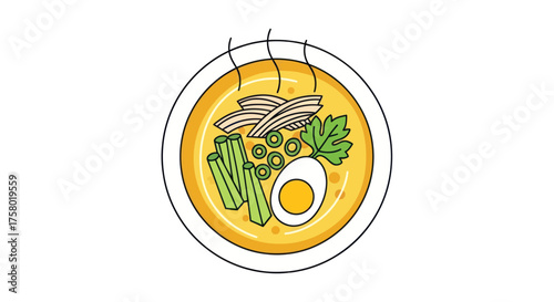 Bowl of Hot Curry Noodle Soup with Egg and Vegetables.