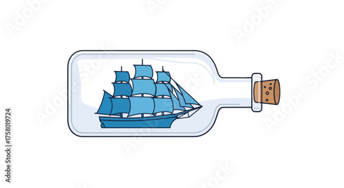 Cartoon Blue Ship in a Bottle with Cork Stopper.