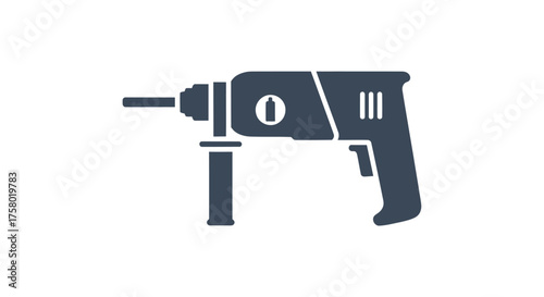 Dark Blue Hammer Drill Icon with Auxiliary Handle and Drill Bit.