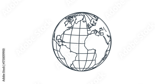 Simple Line Drawing of Earth Globe with Visible Continents and Grid.