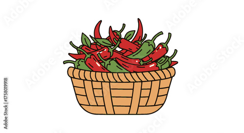 A Woven Basket Overflowing with Fresh Red and Green Chili Peppers.
