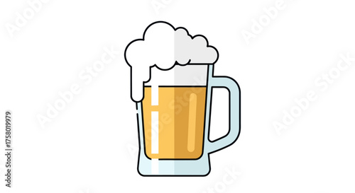 A simple cartoon illustration of a glass beer mug filled with golden lager and a thick frothy white head.