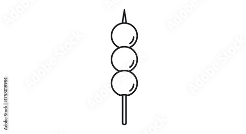 Simple line art illustration of three round dango balls on a skewer stick.