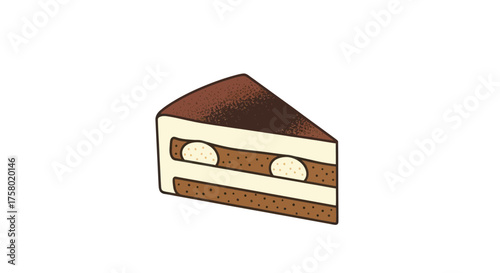 Hand-drawn Layered Tiramisu Cake Slice with Cream and Coffee.