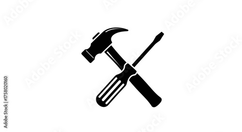 A black silhouette icon of a crossed hammer and screwdriver representing tools and repair.