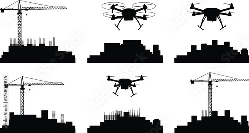  Construction crane, drone technology, urban development, city skyline, infrastructure progress, modern building site, silhouette illustration, smart construction, aerial survey, industrial growth