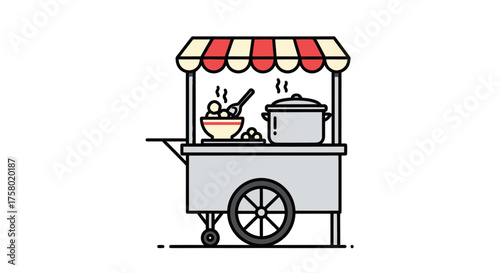 Cartoon Food Cart with Striped Awning Cooking Pot and Bowl of Food.