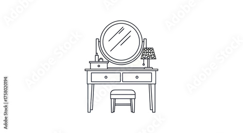 A simple line art illustration of a classic vanity dressing table with a round mirror and stool.
