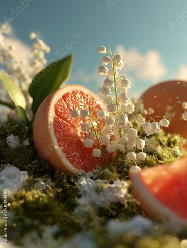 Fresh grapefruit halves with lily of the valley flowers on a natural moss background under soft sunlight.