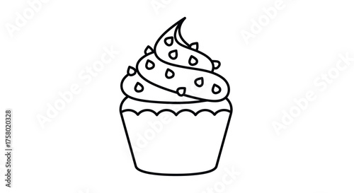 A simple black and white line art illustration of a cupcake with swirled frosting and sprinkles.