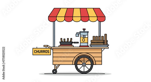A charming vector illustration of a wooden street food cart selling churros featuring a red and yellow striped awning.