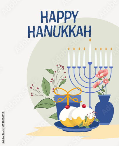 Happy Hanukkah, Jewish Festival of Lights Poster. Religious Festive Symbols Vector Illustration.