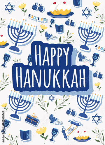 Happy Hanukkah, Jewish Festival of Lights Poster. Religious Festive Symbols Vector Illustration.