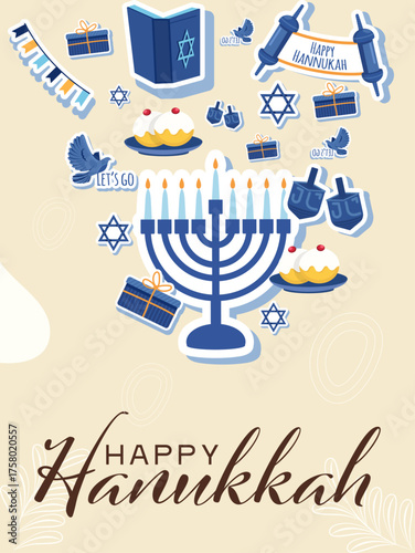 Happy Hanukkah, Jewish Festival of Lights Poster. Religious Festive Symbols Vector Illustration.