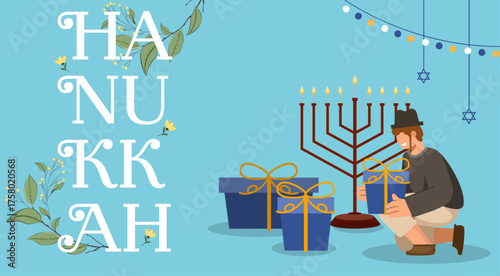 Happy Hanukkah, Jewish Festival of Lights Poster. Religious Festive Symbols Vector Illustration.