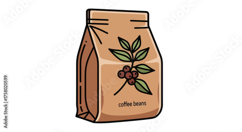 Illustrated Brown Paper Coffee Bag with Plant Decoration.