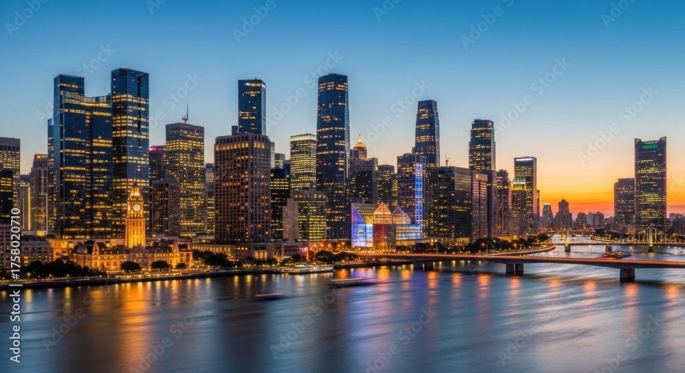 Fototapeta premium The city skyline of Guangzhou, China, with modern skyscrapers illuminated at dusk, reflected in the water of the Pearl River.
