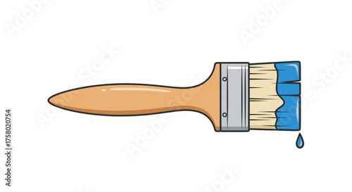 Paintbrush with Blue Paint Drip Wooden Handle Silver Ferrule.