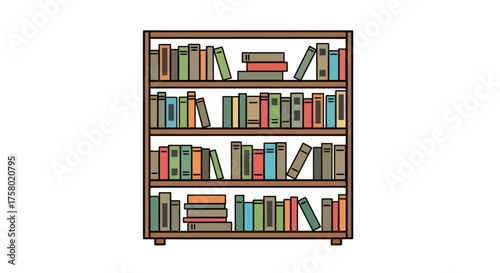 A wooden bookshelf filled with colorful books on multiple shelves.