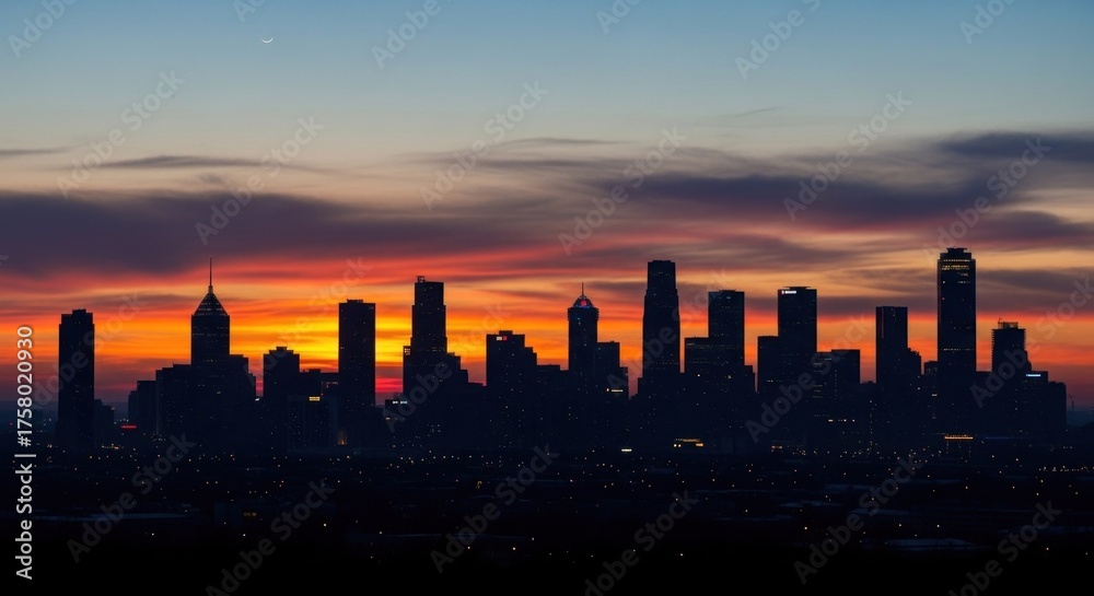Naklejka premium A city skyline at sunset with a vibrant orange and pink sky, featuring silhouettes of tall buildings and a few clouds.