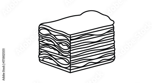 A hand-drawn black and white line art illustration of a layered lasagna slice.