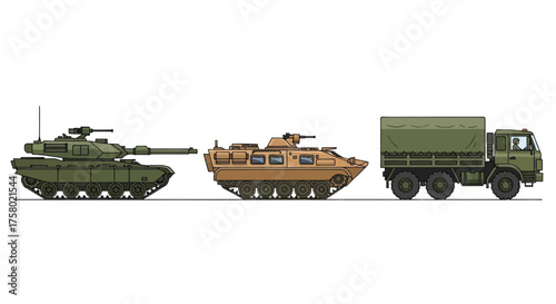 Military Vehicles: Tank Armored Personnel Carrier and Truck in Olive Green.