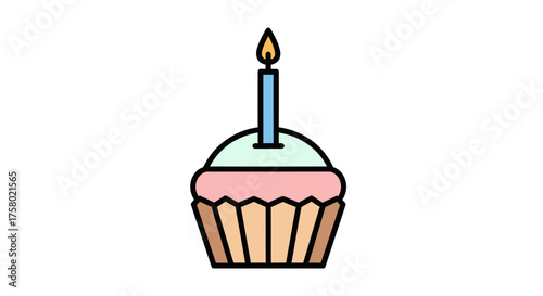A single frosted cupcake with a lit candle on top.