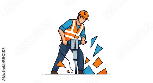 Construction Worker Using Jackhammer to Break Ground Wearing Safety Gear.