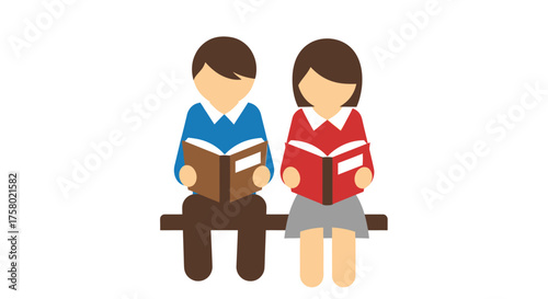Cartoon boy and girl sitting on a bench reading books together.