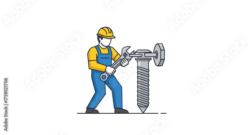 Worker in Hard Hat Tightening Large Screw with Wrench.