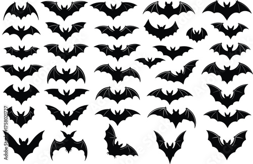 Bat silhouette collection, flying bat icons, Halloween vector set, spooky wing shapes, abstract bat designs, graphic illustration, eerie theme, black style