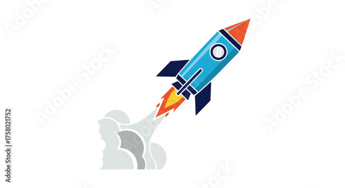 Vibrant cartoon rocket launching with fiery exhaust and smoke.