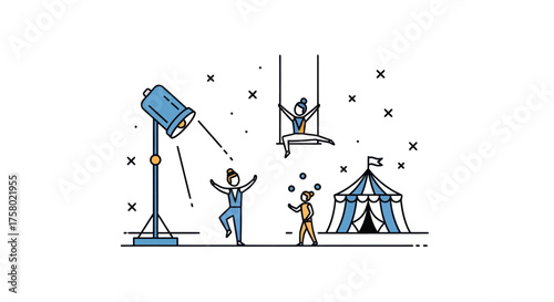Minimalist Line Art Circus Show with Performers Spotlight and Tent.