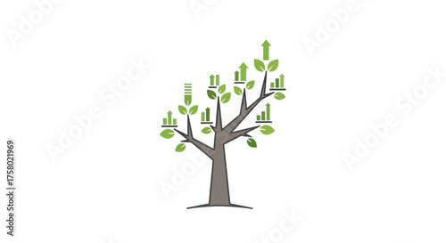 Stylized Tree with Growing Green Leaves and Financial Charts.