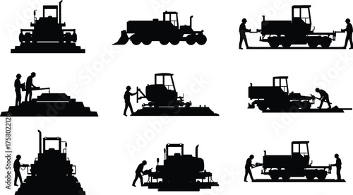 Construction machinery silhouettes, industrial workers, heavy equipment operation, teamwork on site, roadwork vehicles, vector illustration, editable EPS, black icons, civil engineering, labor scenes
