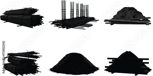  Construction material silhouette, rebar pile, gravel mound, sand heap, wood planks stack, industrial site supplies, vector illustration, black isolated shapes, stock content