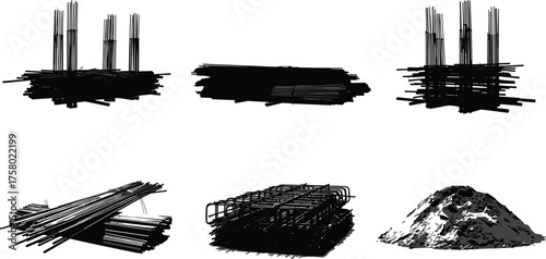 Construction materials vector illustration, steel rebar piles, sand mound, building site supplies, black and white style, industrial elements, engineering tools, infrastructure