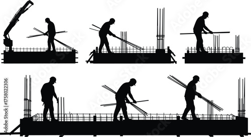  Construction rebar workers silhouettes arranging reinforcement bars, concrete pouring platform, manual labor, on-site safety, structural framework, inspection, teamwork