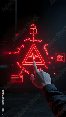 A cybersecurity warning alert biometric finger touch interface hologram red neon digital risk fraud banking payment credit lock shield network system access authentication protection firewall data