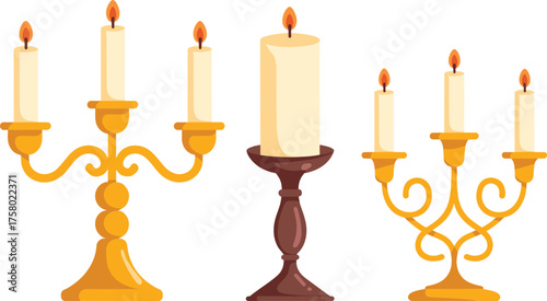 Candle holder illustration set, golden candelabra, single brown stand, lit white candles, flame decor, ornate base, vintage style, cozy ambiance