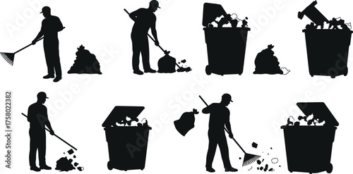 Sanitation worker silhouettes performing garbage collection, sweeping, raking, shoveling, and waste disposal tasks with trash bins for cleaning and maintenance illustration