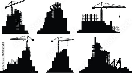 Construction site silhouette set, tower cranes, scaffolding, steel framework, high-rise building development stages, industrial architecture vector illustration for urban construction themes