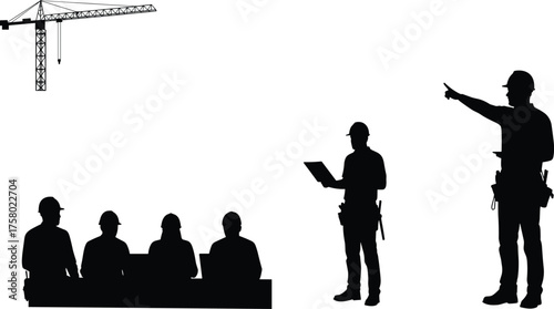  Construction site silhouette, crane and worker icon, team coordination scene, safety gear vector, black illustration, planning meeting, industrial project concept